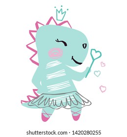 Dinosaur baby girl cute print. Sweet dino with magic wand, crown, ballet tutu, pointe shoes. Cool animal illustration for nursery t-shirt, kids apparel, birthday card, invitation. Simple child design