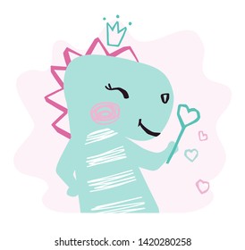 Dinosaur baby girl cute print. Sweet dino with magic wand, crown. Cool animal illustration for nursery t-shirt, kids apparel, birthday card, invitation. Simple child design