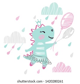 Dinosaur baby girl cute print. Sweet dino flying on balloons among clouds with ballet tutu, pointe, shoes. Cool animal illustration for nursery wallpaper, t-shirt, kids apparel, birthday card. Girly 