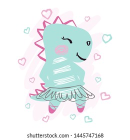 Dinosaur baby girl, cute print. Sweet dino ballerina with ballet tutu, pointe shoes, hearts. Cool animal illustration for nursery t-shirt, kids apparel, birthday card, invitation. Simple child design