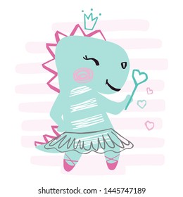 Dinosaur baby girl, cute print. Sweet dino with magic wand, ballet tutu, pointe, crown on striped background. Cool animal illustration for nursery, t-shirt, kids apparel, birthday card. Simple girly de