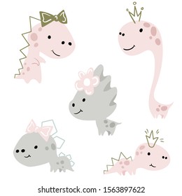 Dinosaur baby girl cute print set. Sweet dino princess with crown and bow. Cool illustration for nursery, t-shirt, kids apparel, invitation and birthday card. Simple scandinavian girly child design.