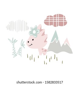 Dinosaur baby girl cute print. Sweet dino with flower. Cool summer illustration for nursery, t-shirt, kids apparel, invitation and birthday card. Simple scandinavian girly child design.