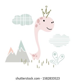 Dinosaur baby girl cute print. Sweet dino princess with crown. Cool illustration for nursery, t-shirt, kids apparel, invitation and birthday card. Simple scandinavian girly child design.
