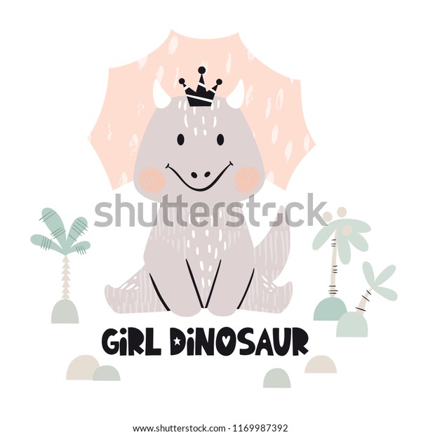 恐竜の赤ちゃん女の子のかわいいプリント 王冠 を持つ甘いディノの王女 保育tシャツ 子ども服 招待状 スカンジナビアの子どもデザイン用の格好いいトリケラトプスのイラスト 恐竜少女のスローガン のベクター画像素材 ロイヤリティフリー 1169987392