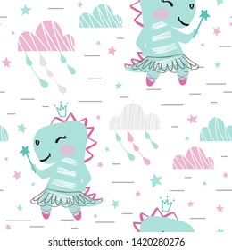 Dinosaur baby girl cute seamless pattern. Sweet dino with magic wand, crown, tutu, pointe. Cool animal illustration for nursery wallpaper, t-shirt, kids apparel, baby print, party. Cloud star sky