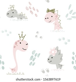 Dinosaur baby girl cute seamless pattern. Sweet dino princess with crown. Cool print for nursery, t-shirt, kids apparel, invitation and birthday card, pajamas. Simple scandinavian child design