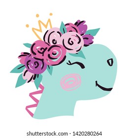 Dinosaur baby girl face cute print. Sweet dino princess head with crown and flower wreath. Cool animal illustration for nursery, t-shirt, kids apparel, birthday card, invitation. Simple girly design