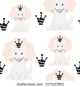 Dinosaur baby girl seamless pattern. Sweet dino princess with crown. Scandinavian cute print.