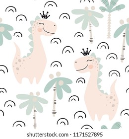 Dinosaur baby girl seamless pattern. Sweet dino princess with crown. Scandinavian cute print. Cool illustration for nursery t-shirt, kids apparel, invitation cover, simple child background design