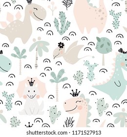 Dinosaur baby girl seamless pattern. Sweet dino princess with crown. Scandinavian cute print. Cool illustration for nursery t-shirt, kids apparel, invitation cover, simple child background design