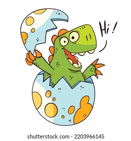 Dinosaur baby hatches from an egg. Concept design for children birthday. Colorful cartoon characters. Funny vector illustration. Isolated on white background