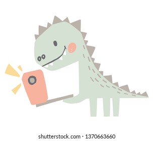 Dinosaur baby with phone cute print. Sweet dino makes a selfie. Summer holiday. Cool illustration for nursery t-shirt, kids apparel, party and baby shower invitation. Simple child design