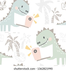 Dinosaur baby with phone cute seamless pattern. Sweet dino makes a selfie on beach print. Summer cool illustration for nursery t-shirt, kids apparel, baby shower party invitation. Simple child design