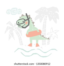 Dinosaur baby with rubber ring cute print. Sweet dino going snorkeling on beach. Summer holiday. Cool illustration for nursery t-shirt, kids apparel, baby shower party invitation. Simple child design