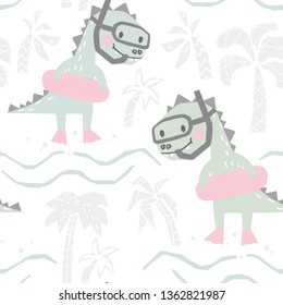 Dinosaur baby with rubber ring cute print. Sweet dino going snorkeling on beach. Summer holiday. Cool illustration for nursery t-shirt, kids apparel, baby shower party invitation. Simple child design