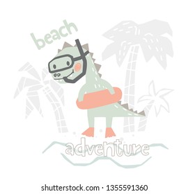 Dinosaur baby with rubber ring print. Cute dino going snorkeling. Beach adventure slogan. Summer holiday. Cool illustration for nursery t-shirt, kids apparel, baby shower invitation. Simple design