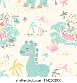 Dinosaur baby seamless pattern. Sweet dino on beach with palm, sea, swim ring. Summer holiday cute print. Cool illustration for nursery t-shirt, kids apparel, baby party invitation. Simple design