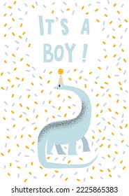 Dinosaur baby shower invitation for boy. Poster or postcard for the holiday. The inscription "It's a boy!".