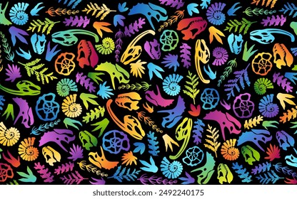 Dinosaur background. Textured banner with dinosaurs bones, palm leaves, nautiluses and footprint