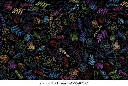 Dinosaur background. Textured banner with dinosaurs bones, palm leaves, nautiluses and footprint