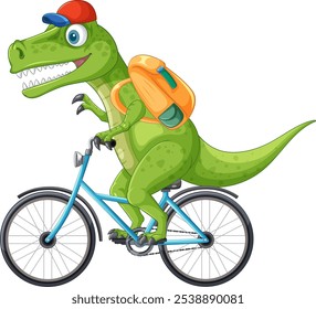 Un dinosaurio con una mochila monta en bicicleta