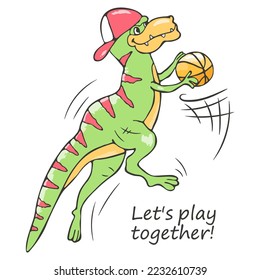 Dinosaur basketball player cool playing with the ball. Art illustration. Fan t-shirt design for kids. Vector print. Dinosaur character design. Fashion illustration for clothes