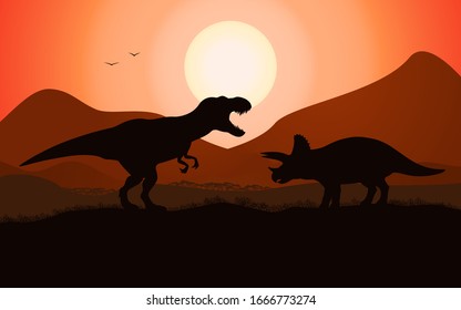 Dinosaur Battle Silhouette T-rex Tyrannosaurus Vs Triceratops. Vector Illustration Of A Dinosaur Battle Fight On A Jurassic Sunset Background.