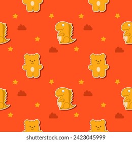 Dinosaur and bear yellow cartoon so cute. On star cloud red background. Pattern seamless vector illustration. 