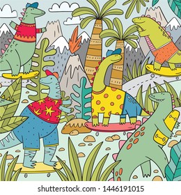 Dinosaur Big cartoon poster. Big Hand drawn coloring poster with cute dinosaur on a skateboard  for children.