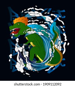 dinosaur with big wave design vector illustration