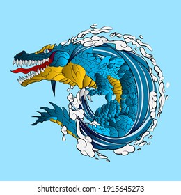 dinosaur with big wave design vector illustration