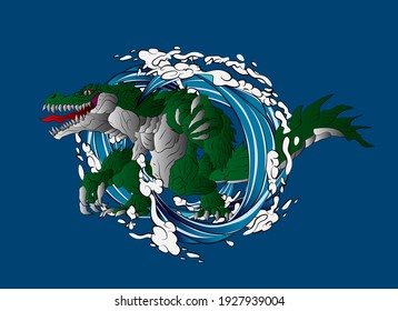 dinosaur with big wave design vector illustration