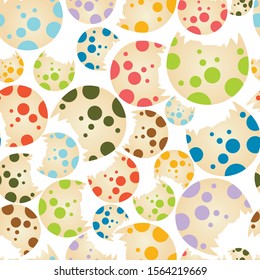 Dinosaur or bird eggs seamless pattern vector illustration on white background. Dotted Colored Easter Dinosaur hatched from Eggs pattern. Apparel and wallpaper print, backdrop for textile and fabric