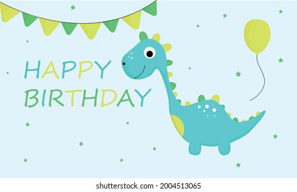 Dinosaur birthday card for a child. Dinosaur with a balloon in green.