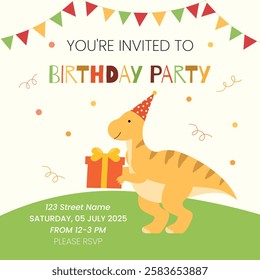 Dinosaur Birthday Invitation Template. Cute invitation featuring a happy dino, a gift, and fun confetti. Perfect for kids' birthday parties. Vector illustration.