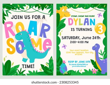 Dinosaur Birthday party design template with cartoon characters t-rex, triceratops, brontosaurus. Jurassic themed B-day invitation colorful design. Flat vector illustration. Roarsome Dino party card.