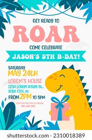 Dinosaur Birthday party design template with cartoon t-rex and jungle background. Jurassic themed B-day invitation colorful design. Flat style vector illustration. Get ready to roar Dino party card.