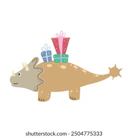 Dinosaur birthday party. Hand-drawn triceratops with gift boxes. Funny animal character for children background. Vector isolated on white background 