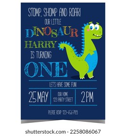Dinosaur birthday party invitation vector template. Children's birthday celebration poster, banner or invite card design with cute happy cartoon dino and colourful text. Ready to print illustration.