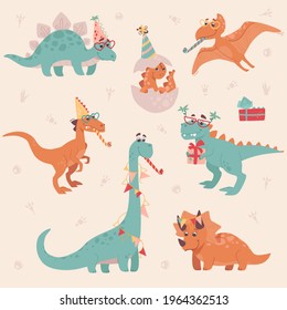 Dinosaurier Geburtstagsfeier. Stegosaurus, Triceratops, Brachiosaurus, Brontosaurus, Velociraptor, Pteranodon, Tyrannosaurus Rex, Ei. Dinosaurier lächeln, feiern und amüsieren sich. Festliches Vektorset.