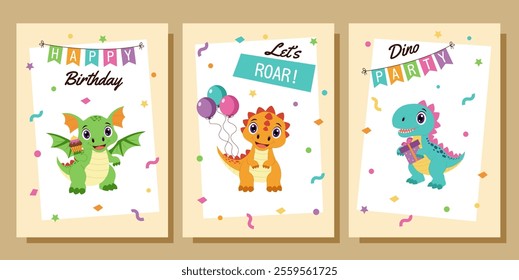 Dinosaur birthday set of posters. Template for birthday party invitations, greeting cards, postcards.