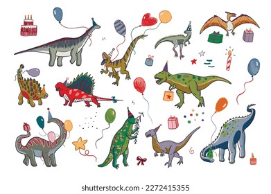 Dinosaur birthday vector illustrations set.