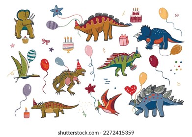 Dinosaur birthday vector illustrations set.