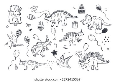 Dinosaur birthday vector illustrations set.