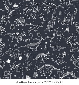 Dinosaur birthday vector line seamless pattern.