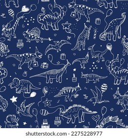 Dinosaur birthday vector line seamless pattern.