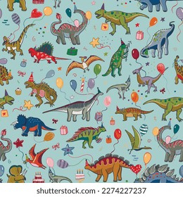 Dinosaur birthday vector seamless pattern.