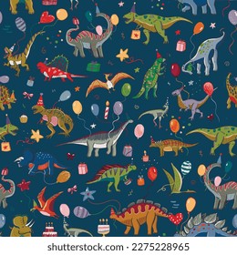 Dinosaur birthday vector seamless pattern.