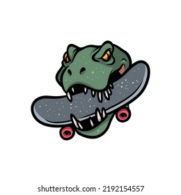 Dinosaur bitting skateboard cartoon vector illustration